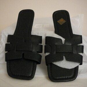 Oyoangle Women's Square Open Toe Flat Black Slip On Sandals Size-EUR40,US9.5-NEW